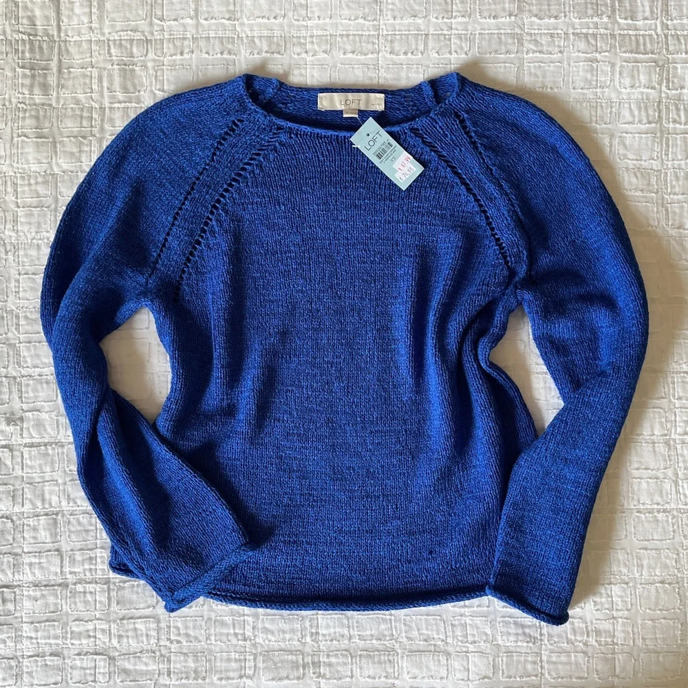 LOFT Blue Pointelle Raglan Sweater - Picture 3 of 8